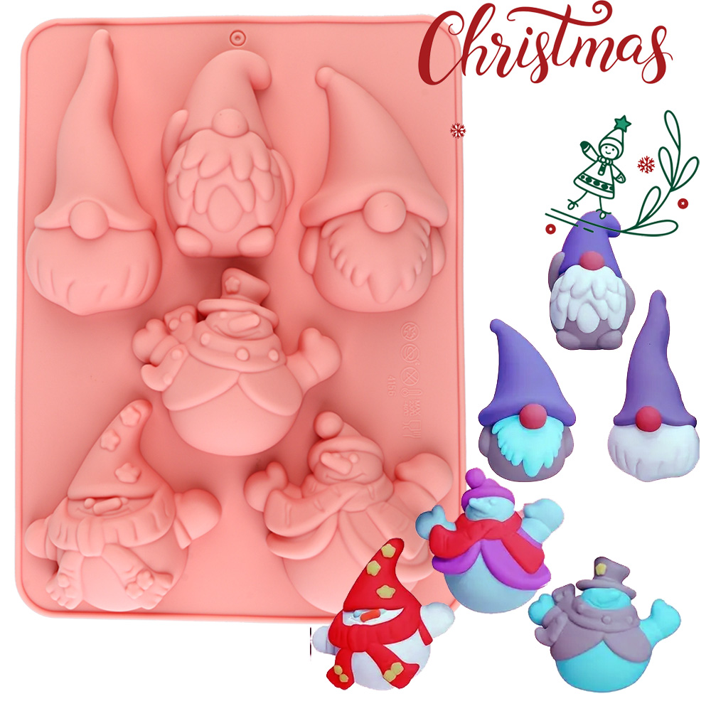 Resin Craft Ideas - 6つの空洞を持つクリスマスノームケーキチョコレートシリコン製ベーキングモールド、チョコレート、ムース、フォンダンケーキ、キャンドル、または樹脂工芸品などの創造的な作品作りに適しています。モールドは食品グレードのシリコン素材で作られており、安全で無毒、耐熱性があり、型から取り出しが簡単で、特にホリデーベーキングやDIYクラフトに設計されています。