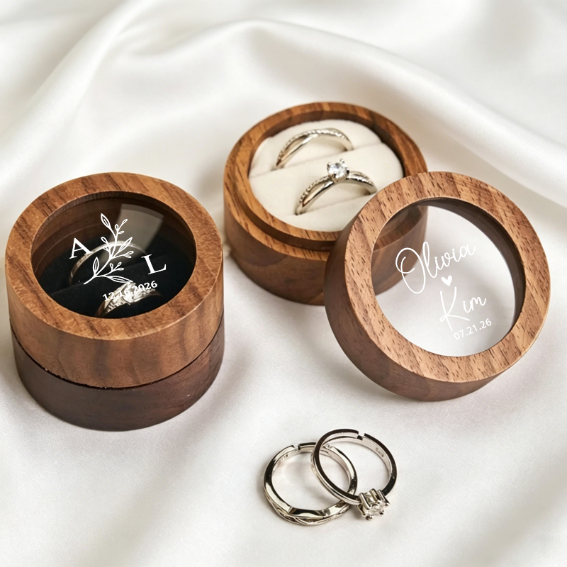 Wood Ring Blank - パーソナライズされた結婚指輪ボックス 丸型木製ダブルリングボックス ガラス窓付き 婚約指輪プロポーズリングボックス 結婚記念日ギフト
