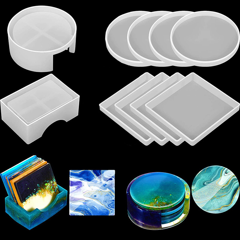 Coaster Mold Round - 5個/セット DIY エポキシ樹脂カップコースター作成用シリコン型、丸型と四角形のコースターシリコン型を含む