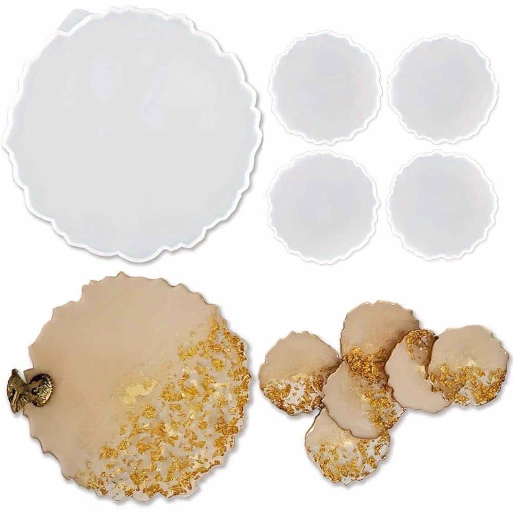 Geode Mold Silicone - 不規則な形のアゲートジオードレジンシリコンモールドセット、1つの大きな波型エッジサービングトレイモールドと4つの小さなコースターモールド、レジントレイカップマット用エポキシキャスティングモールド、ホームテーブルデコレーション手作りクラフト用品