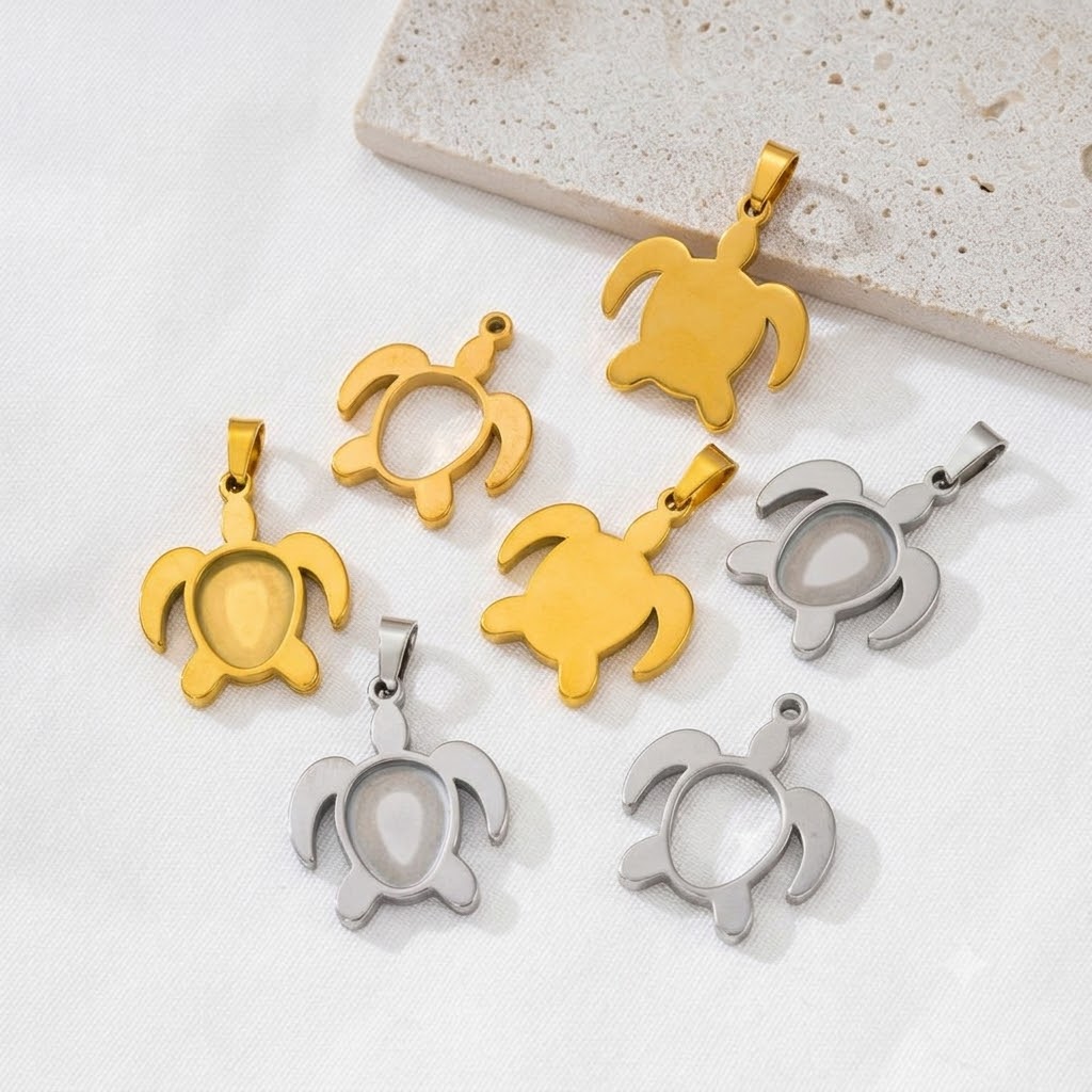 Bezels Set Pendant - 5個/ロット ステンレススチール製 タートルカボションベースセッティング ペンダント ベゼルトレイ DIY手作りネックレス